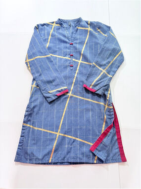 Beechtree Women’s Blue Plaid Kurta Tunic Red Trim Long Sleeve Pakistani Sz 8